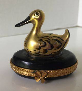 Vintage Limoges France Peint Main Pv Trinket Box Gold & Black Duck / Goose