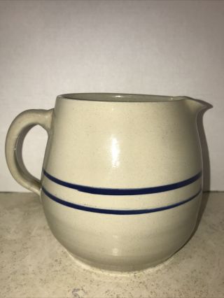 Vintage 7”h Stoneware Pottery Country Farmhouse Pitcher Blue Stripes