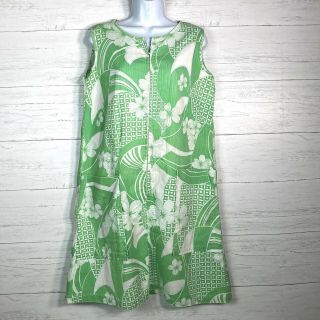 Vtg 70s Smart Time Green Hawaiian Barkcloth House Dress Zip Front Ilgwu Union