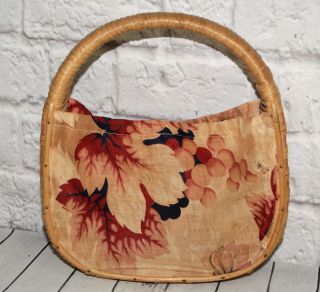 Vtg Rattan Wicker Purse Tote Floral Barkcloth Fabric Sewing Knitting Bag 1940s