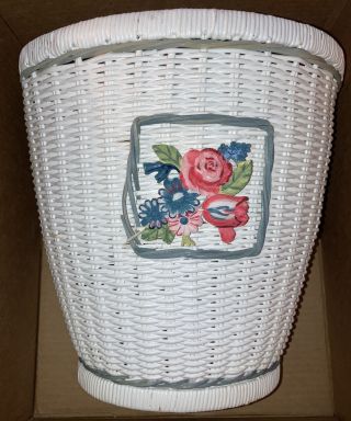 Vintage Wicker Waste Basket Shabby Chic Trash Can White Carved Floral Medallion