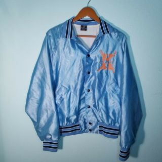 Vintage Light Blue Navy Stripes Satin Jacket Mens L Usa Made Large Baseball Aja