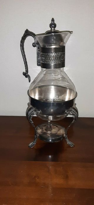 Vintage Corning Silver Plate Glass Coffee Tea Carafe Pitcher & Warmer Stand 14 