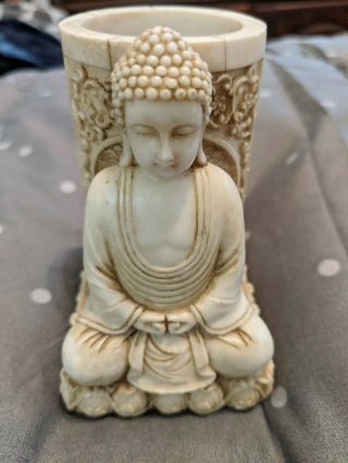 Vtg Resin Sitting Buddha Planter/vase.  Cream Colored.  3 3/4 " H.