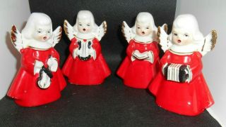 Vintage Set Of 4 Christmas Angels W/instruments Choir Red Robes Made In Japan