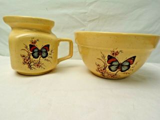 Vtg Treasure Craft Bowl & Creamer/pitcher Speckled Yellow With Butterfly Design
