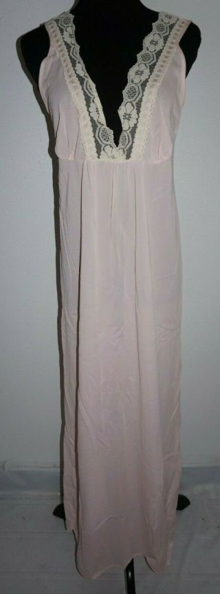 Vintage 1970s Pale Pink Satin Nightgown Womens Size Large Lace Trim V Neck