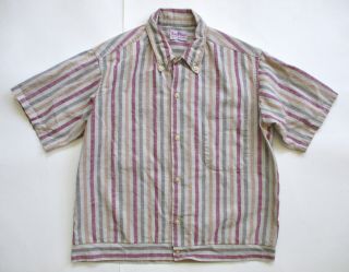 Vtg 50s Green Red Stripe Cotton Ricky Camp Shirt Button Waist Boys 18 Mens Xs