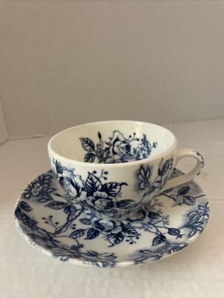 Vintage 1940s Blue & White Tea Cup And Saucer Rose Design