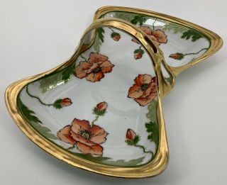 Vintage Porcelain Hand Painted Poppies Candy Nut Trinket Dish With Gilt Handle