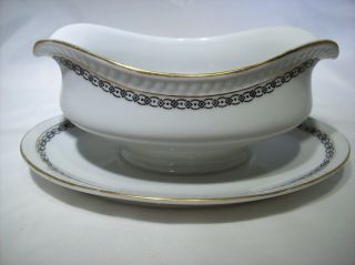 Gravy Boat Hermann Ohme Porcelain Attached Plate Black Design Trim
