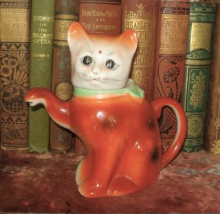 Vtg Orange Figural Cat Teapot Orange With Green Bow