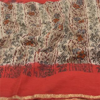 Sanskriti Vintage Cream Sarees Pure Chiffon Silk Fabric Craft Printed Sari 2