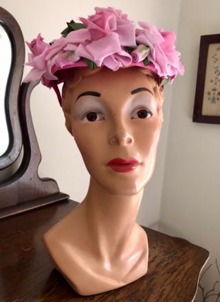 Antique / Vintage Ladies Hat Pink Rose Millinery Flowers 1950s Olympic