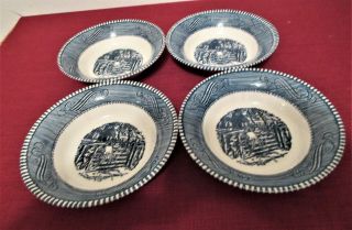 4 Currier And Ives Blue/white Berry Bowls Children At Fence 5 1/2 "