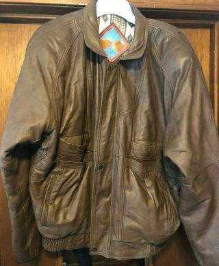 Dakota Full Zip Lined Padded Brown Leather Bomber Jacket Mens Size M/l Vintage
