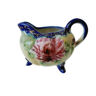 Nippon Footed Creamer 3” Tall Hand Painted Flower Cobalt Gold Floral