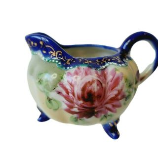 Nippon Footed Creamer 3” Tall Hand Painted Flower Cobalt Gold Floral 2