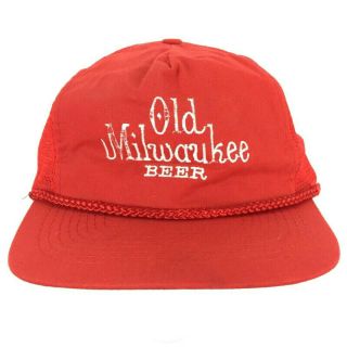 Vtg Old Milwaukee Beer Cap Script Logo Rope Mesh Snap Back Trucker Baseball Hat