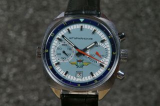 Old Stock Russian Watch Chronograph Poljot Shturmanskie,  Blue.  Movement:3133