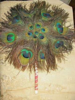 Vintage Round Multi - Colored Peacock Feather Hand Fan