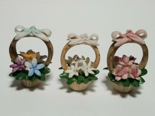 3 Tiny Capodimonte Vintage Miniature Mini Basket Of Flowers Made In Napoli Italy