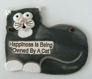 Vintage Smoky Mountain Pottery Cat Wall Plaque " Happiness Is Being Owned.  Cat "