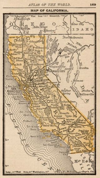 1888 Antique California Map Miniature Vintage Map Of California State Map 9114