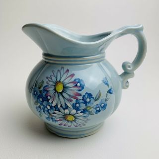 Vintage Mccoy Pottery Pitcher 7528 Powder Blue Floral Flowers Usa Handpainted