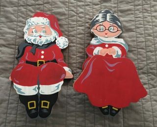 Vintage Wooden Shelf Sitters Santa And Mrs Clause Cute Christmas Decor Mantle