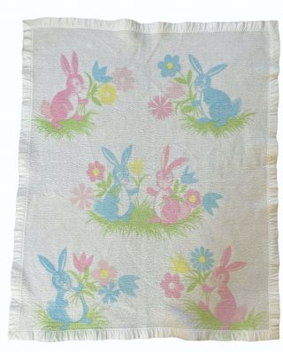 Vintage Chatham Acrylic Baby Blanket Bunny Rabbits Satin Edge Binding 40 " X 45 "