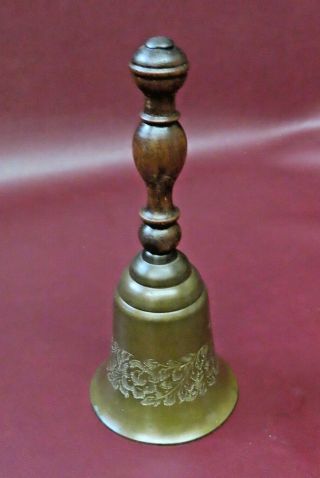 Antique 8 " Tall Brass School Dinner Bell W/ Embossed Floral Design & Wood Handle