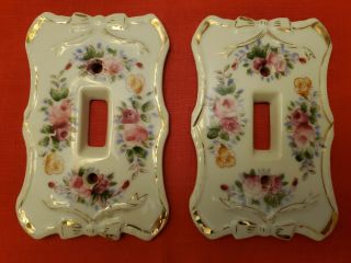 2 Vintage Porcelain Light Switch Plate Covers Roses & Bows Gold Single Gang