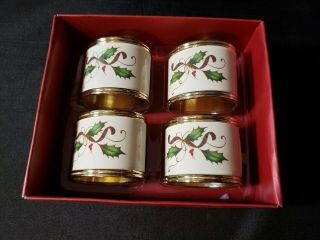 Lenox Holiday Holly Ribbon & Berry Napkin Rings (set Of 4) With Gold Trim