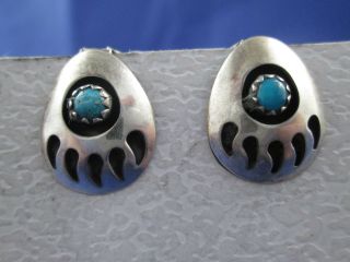 Vintage Sterling Silver Turquoise Bear Paw Print Clip Earrings