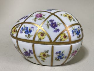 Vintage France Hand Painted Egg Porcelain Trinket Box With Floral Design