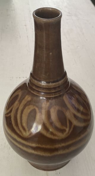 Vintage Mid Century Modern Pottery Vase Brown And Cream Stamped Poland