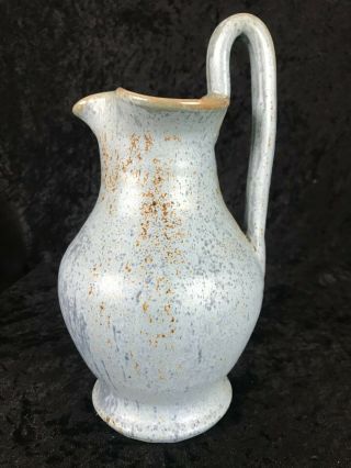 vintage Art Pottery Blue Glaze Pitcher Handle Pinched Spout Pour Jug 9 3/8 