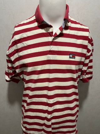 Vintage Tommy Hilfiger Red White Striped Tiny Flag Mens Polo Shirt Extra Large