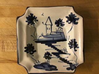 Vintage Italian Cantagalli Pottery Small Dish Blue & White Castle - Rooster Mark