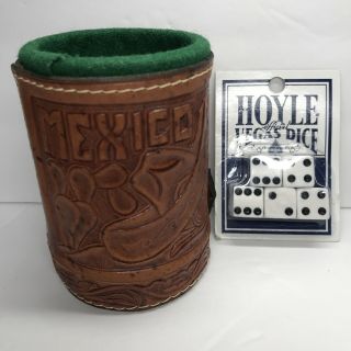 Vtg Mexico Tooled Leather Felt Lined Dice Cup Compartment Eagle Snake W 5 Dice