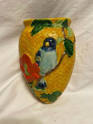 Vintage Wall Pocket/vase Made In Japan Yellow Basket Weave Pattern Blue Bird