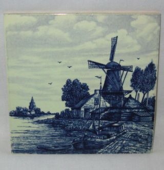 Vintage Delft Blauw 6 " Blue/white Tile Windmill,  Boat,  Water Holland Trivet Art