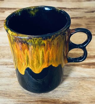 Art Studio Hand Thrown Coffee Cup Clay Black Orange Yellow Drip Glaze