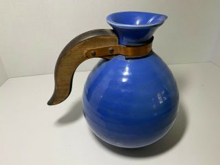 Vintage Meyers California Rainbow Carafe Blue With Wooden Handle & Copper Belt