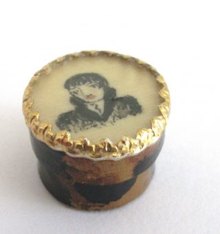 Tiniest Antique Miniature Painted Celluloid Patch Trinket Box Painted Silhouette