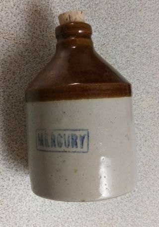 Antique Mercury Stoneware Jug Crock Bottle Empty Vintage Medicine 4 - 1/2 " Tall