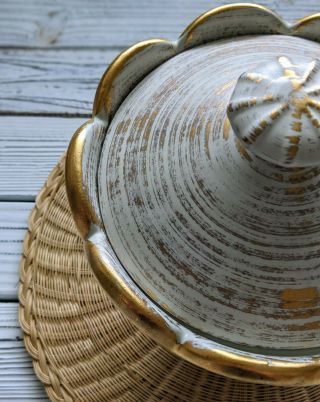 Vintage Royal Haeger Pottery Gold Tweed 712 Pedestal Bowl With Lid - 22 K Gold