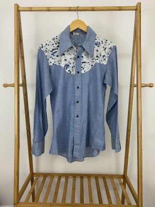 Vtg 60s 70s Sears Floral Chambray Women 