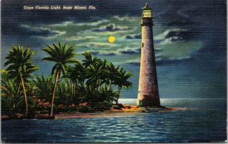 Vtg 1940s Cape Florida Lighthouse At Night Moonlight Miami Florida Fl Postcard